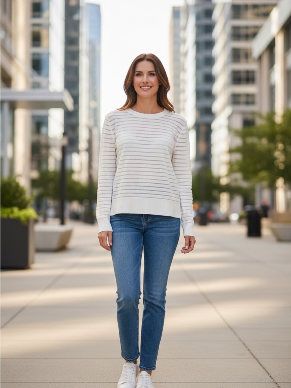 Diane Von Furstenberg Large White Striped Crewneck Top
